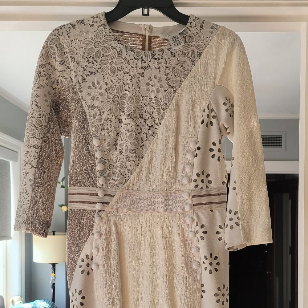 Byron Lars Beauty Mark White lace, leather look dress sz 4